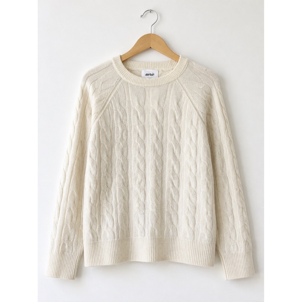 Aerie Womens Cream Cable Knit‎ Crew Neck Sweater Large Raglan Sleeve Oatmeal